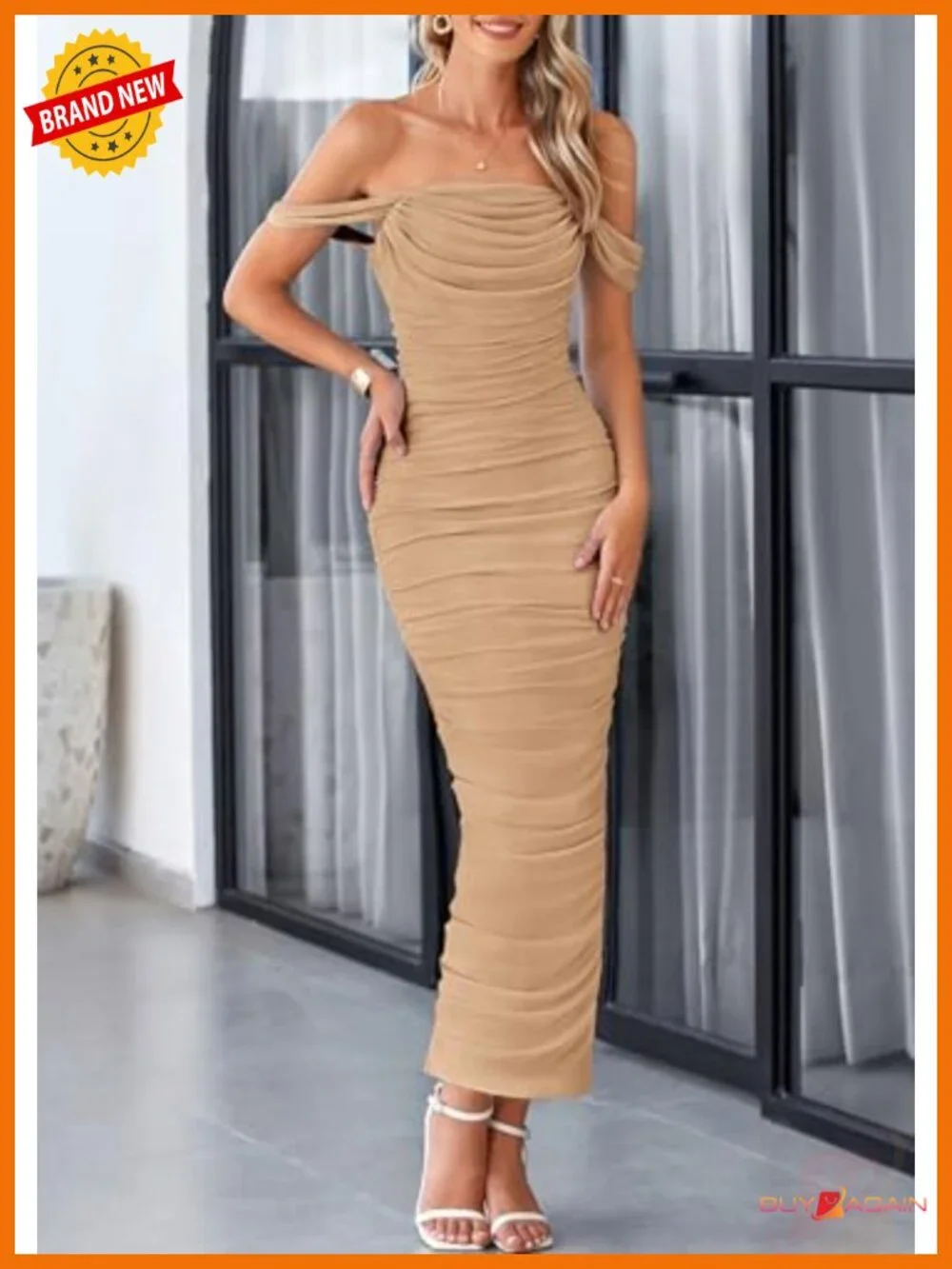 Off Shoulder Strapless Maxi Dress Ruched Bodycon Wedding Guest